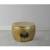 Nala 23 Inch Coffee Table, Low Round Drum Shape with Unique Hollow Center, Antique Brass Aluminum