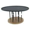 Neci 31 Inch Coffee Table, Round Matte Black Tray Top, Modern Rod Supports with Brass Base