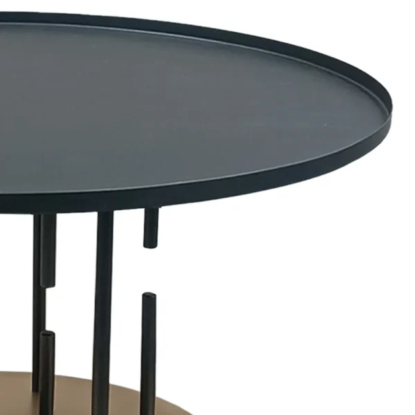 Neci 31 Inch Coffee Table, Round Matte Black Tray Top, Modern Rod Supports with Brass Base
