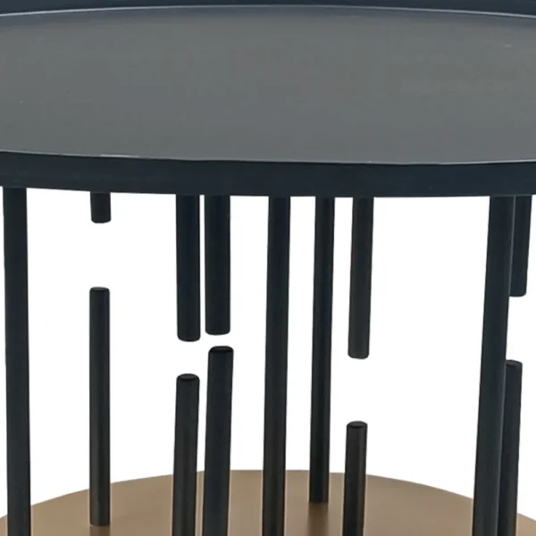 Neci 31 Inch Coffee Table, Round Matte Black Tray Top, Modern Rod Supports with Brass Base