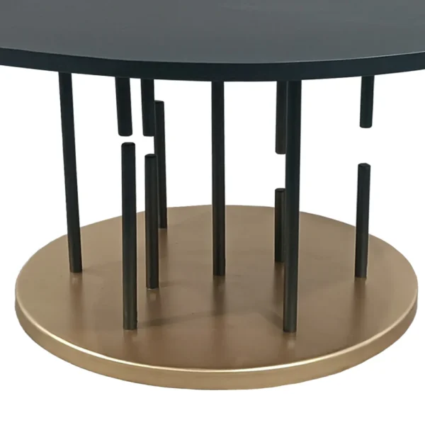 Neci 31 Inch Coffee Table, Round Matte Black Tray Top, Modern Rod Supports with Brass Base