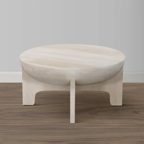 Tomas 32 Inch Coffee Table, Mango Wood Drum Top, Classic Washed White