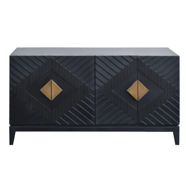 Abiel 55 Inch Sideboard Buffet Console with 2 Door Cabinet, Brass Coated Diamond Cut Handles, Matte Black Mango Wood