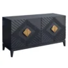 Abiel 55 Inch Sideboard Buffet Console with 2 Door Cabinet, Brass Coated Diamond Cut Handles, Matte Black Mango Wood