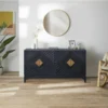 Abiel 55 Inch Sideboard Buffet Console with 2 Door Cabinet, Brass Coated Diamond Cut Handles, Matte Black Mango Wood