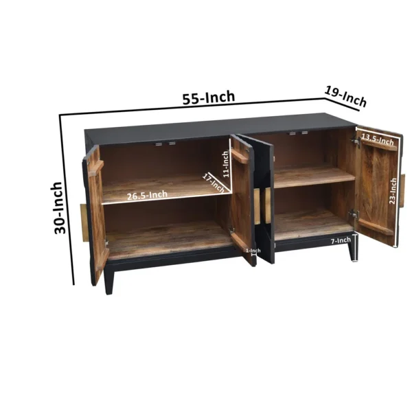 Abiel 55 Inch Sideboard Buffet Console with 2 Door Cabinet, Brass Coated Diamond Cut Handles, Matte Black Mango Wood