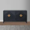 Abiel 55 Inch Sideboard Buffet Console with 2 Door Cabinet, Brass Coated Diamond Cut Handles, Matte Black Mango Wood