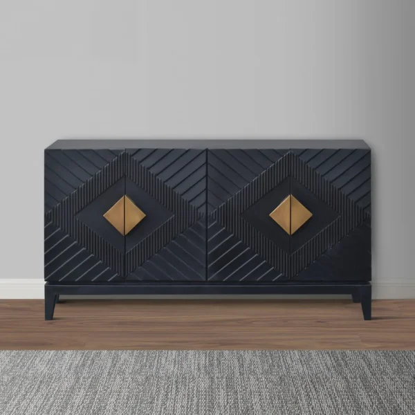 Abiel 55 Inch Sideboard Buffet Console with 2 Door Cabinet, Brass Coated Diamond Cut Handles, Matte Black Mango Wood
