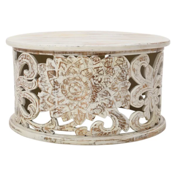 UPT-301718_02b73f65-0eaf-434a-b579-fbe27a3c0689 Alina Coffee Table Handcrafted Mango Wood Floral Carved Cut Out Design Distressed White Finish 33 Inch