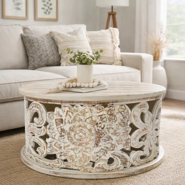 UPT-301718_11_b42bef0a-526a-4599-8041-5f6da94598f0 Alina Coffee Table Handcrafted Mango Wood Floral Carved Cut Out Design Distressed White Finish 33 Inch