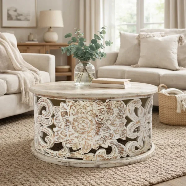 UPT-301718_12 Alina Coffee Table Handcrafted Mango Wood Floral Carved Cut Out Design Distressed White Finish 33 Inch