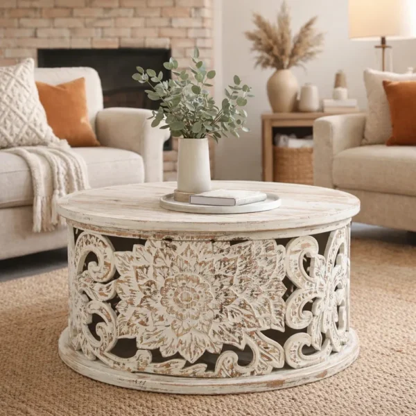 UPT-301718_13 Alina Coffee Table Handcrafted Mango Wood Floral Carved Cut Out Design Distressed White Finish 33 Inch