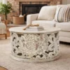 UPT-301718_14 Alina Coffee Table Handcrafted Mango Wood Floral Carved Cut Out Design Distressed White Finish 33 Inch