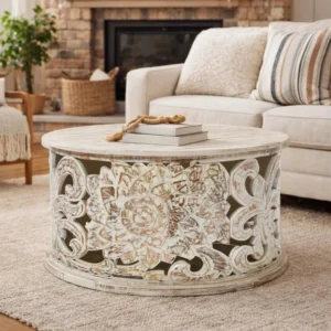 Alina Coffee Table Handcrafted Mango Wood Floral Carved Cut Out Design Distressed White Finish 33 Inch