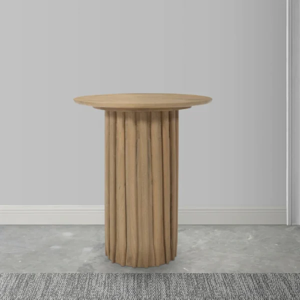 Sejo Side End Table, 20 Inch Round Top with Fluted Base in Natural Brown Mango Wood