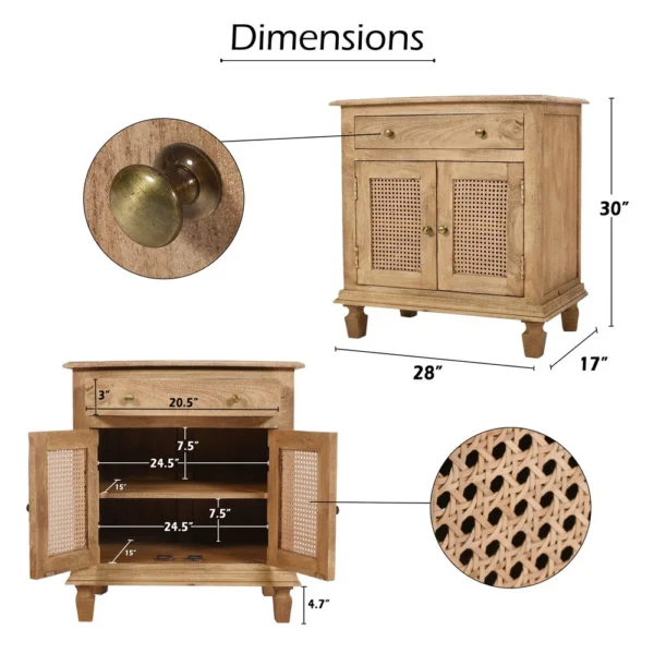 30 Inch Nightstand Table, Rattan Cabinet Doors and Drawer Fronts, Sandblasted Brown Mango Wood