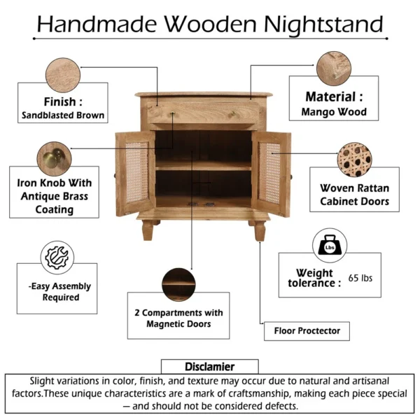 30 Inch Nightstand Table, Rattan Cabinet Doors and Drawer Fronts, Sandblasted Brown Mango Wood