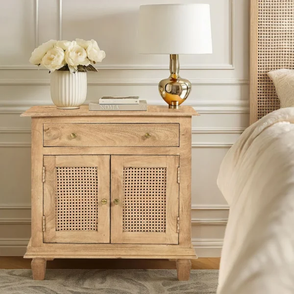 30 Inch Nightstand Table, Rattan Cabinet Doors and Drawer Fronts, Sandblasted Brown Mango Wood