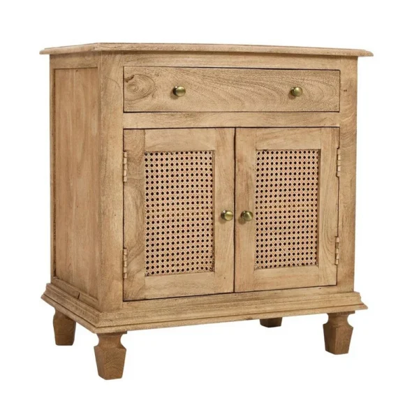 30 Inch Nightstand Table, Rattan Cabinet Doors and Drawer Fronts, Sandblasted Brown Mango Wood