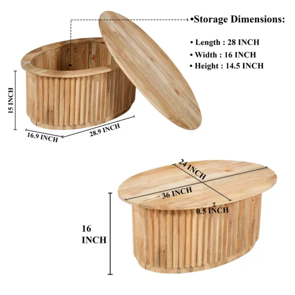 Muna Coffee Table, 36 Inch Oval Top, Handcrafted Mango Wood, Reeded Base with Hidden Storage, Natural Brown