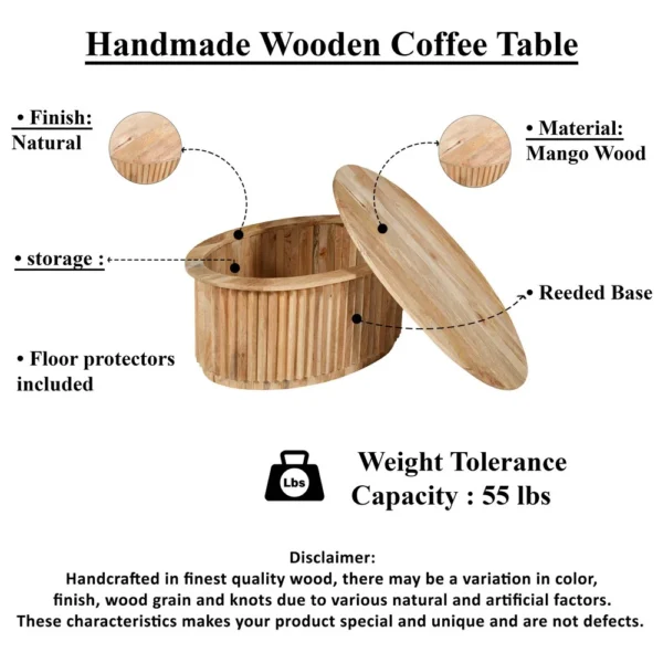 Muna Coffee Table, 36 Inch Oval Top, Handcrafted Mango Wood, Reeded Base with Hidden Storage, Natural Brown