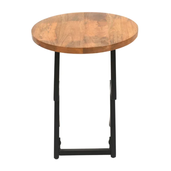 23 Inch Side End Table, Natural Brown Round Wood Top, Modern Black Angled Iron Legs