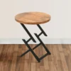23 Inch Side End Table, Natural Brown Round Wood Top, Modern Black Angled Iron Legs