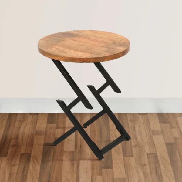 23 Inch Side End Table, Natural Brown Round Wood Top, Modern Black Angled Iron Legs