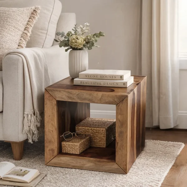 Cube Shape Rosewood Side Table With Cutout Bottom, Brown