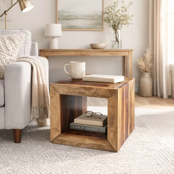 Cube Shape Rosewood Side Table With Cutout Bottom, Brown