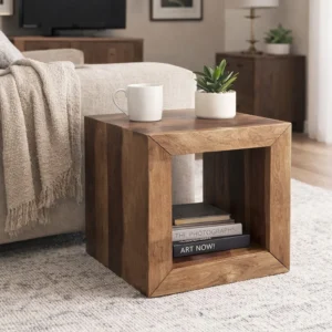 Cube Shape Rosewood Side Table With Cutout Bottom, Brown