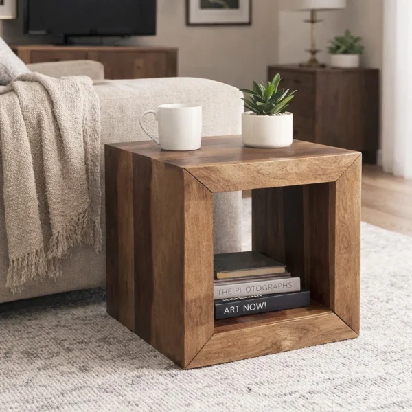 Cube Shape Rosewood Side Table With Cutout Bottom, Brown