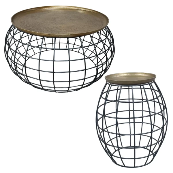 UPT-310004 Milo 2-Piece Coffee Table and End Table Set - Round Antique Brass Tray Top with Curved Cage Design Black Iron Base