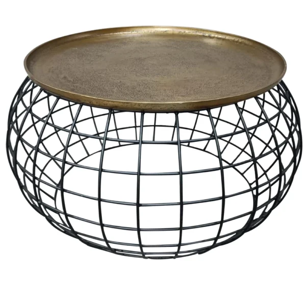 UPT-310004_1 Milo 2-Piece Coffee Table and End Table Set - Round Antique Brass Tray Top with Curved Cage Design Black Iron Base