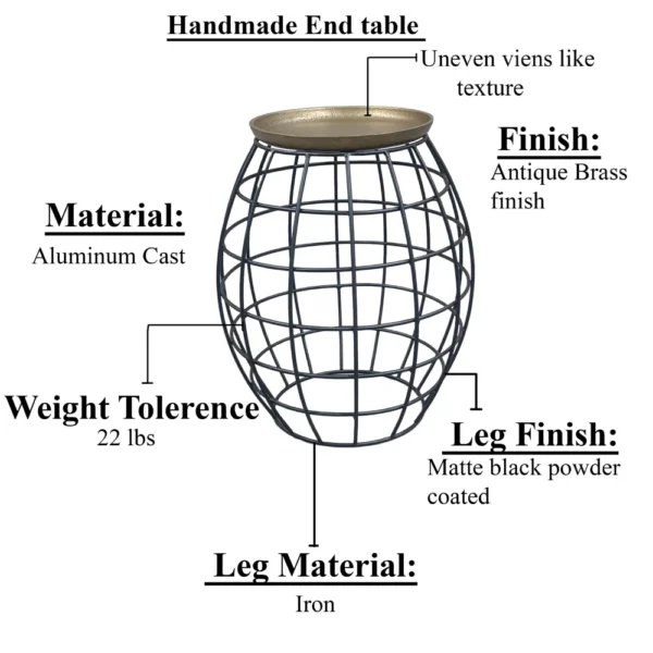 UPT-310004_8 Milo 2-Piece Coffee Table and End Table Set - Round Antique Brass Tray Top with Curved Cage Design Black Iron Base