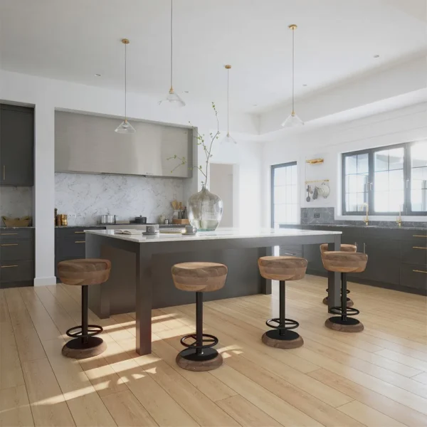 Rustic Charm Swivel Counter Bar Stool 24 Inch Handcrafted, Brown Mango Wood Round Seat, Black Iron Base with Footrest