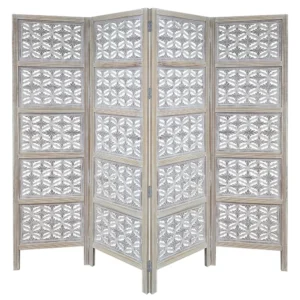 Taj 4 Panel Folding Room Divider Screen, Antique White Mango Wood, Floral Carved Design