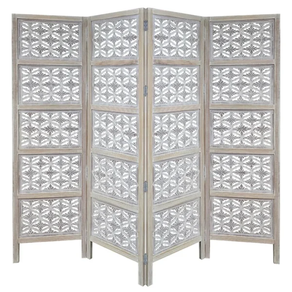 Taj 4 Panel Folding Room Divider Screen, Antique White Mango Wood, Floral Carved Design