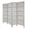 Taj 4 Panel Folding Room Divider Screen, Antique White Mango Wood, Floral Carved Design