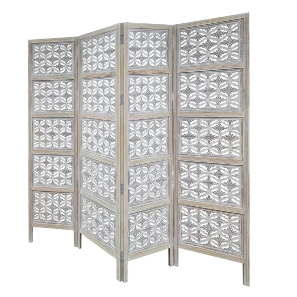 Taj 4 Panel Folding Room Divider Screen, Antique White Mango Wood, Floral Carved Design