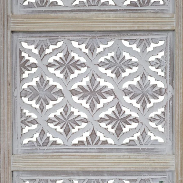 Taj 4 Panel Folding Room Divider Screen, Antique White Mango Wood, Floral Carved Design