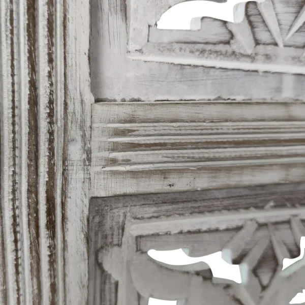 Taj 4 Panel Folding Room Divider Screen, Antique White Mango Wood, Floral Carved Design