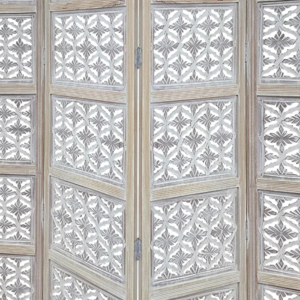 Taj 4 Panel Folding Room Divider Screen, Antique White Mango Wood, Floral Carved Design