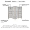 Taj 4 Panel Folding Room Divider Screen, Antique White Mango Wood, Floral Carved Design