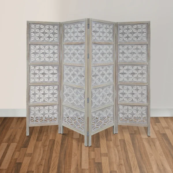 Taj 4 Panel Folding Room Divider Screen, Antique White Mango Wood, Floral Carved Design