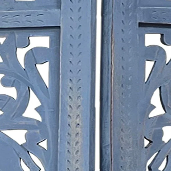 Jumbo 4 Panel Folding Room Divider Screen, Antique Blue Mango Wood, Elephant Motif Carved Design