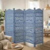 Jumbo 4 Panel Folding Room Divider Screen, Antique Blue Mango Wood, Elephant Motif Carved Design