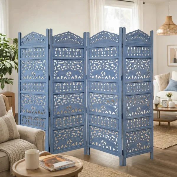 Jumbo 4 Panel Folding Room Divider Screen, Antique Blue Mango Wood, Elephant Motif Carved Design