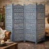 Jumbo 4 Panel Folding Room Divider Screen, Antique Blue Mango Wood, Elephant Motif Carved Design
