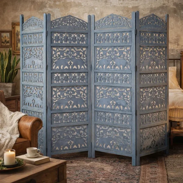 Jumbo 4 Panel Folding Room Divider Screen, Antique Blue Mango Wood, Elephant Motif Carved Design